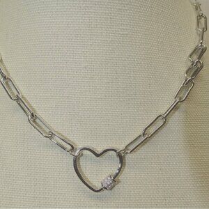 Silver Heart Link Necklace W/ CZ Accents For Women Stainless Steel Chain Elegant
